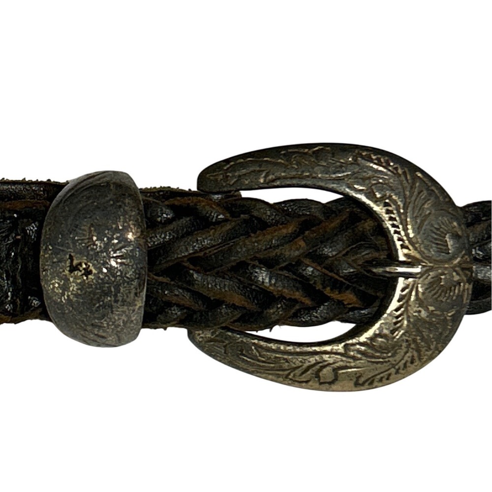 Vintage Braided Leather‎ Western Belt Ornate Engraved Silver Buckle Up To 33"